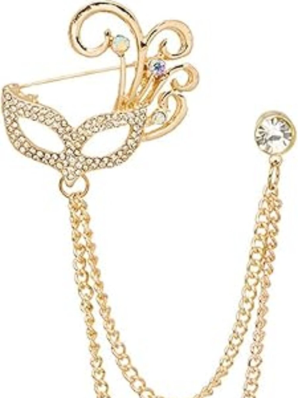 Masquerade Mask Rhinestone Brooch Lapel Pin Gold Tone w/ Tassel Chain